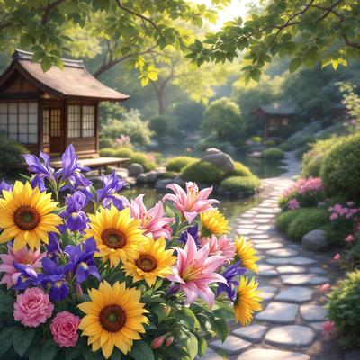 The primary subject of the image is a beautiful garden with a variety of flowers, including sunflowers and purple flowers. The garden is situated in a serene environment, surrounded by a forest and a pond. The visual style of the image is a combination of photo and digital art, creating a vibrant and lively atmosphere. The colors and mood of the image are predominantly warm and inviting, with the sunflowers and purple flowers adding a touch of natural beauty to the scene.